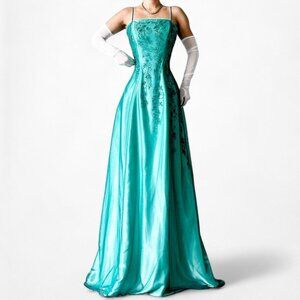 Vintage Blue Floral Beaded Fit Flared Maxi Satin Formal Cocktail Prom Dress Size